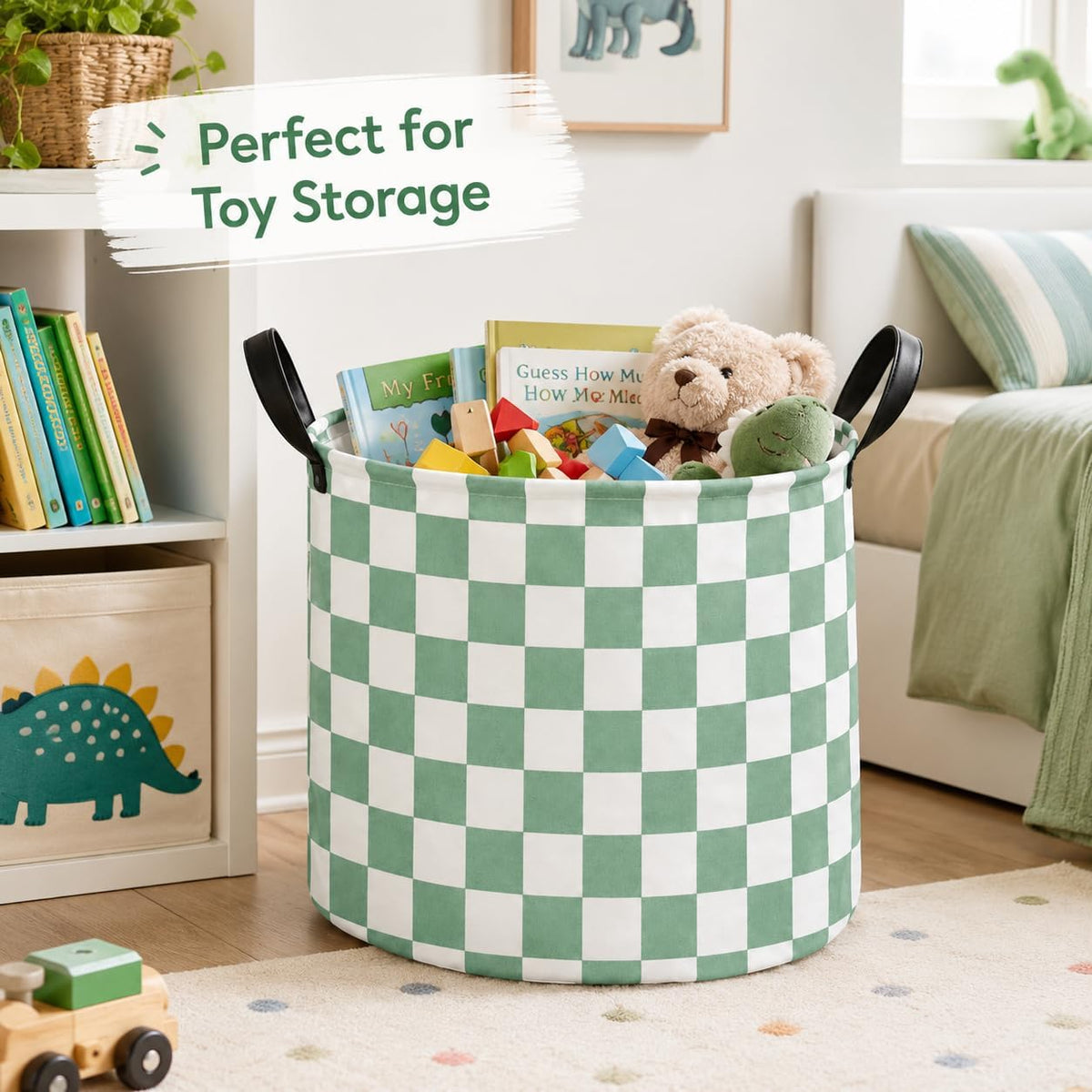 MAIZMZ 3 Pack Sage Checkered Storage Baskets Kids Hamper,Girls Room Decor,15.7"D x13.3"H, Waterproof Lining,Collapsible for Laundry, Toys, Clothes, Gift Set