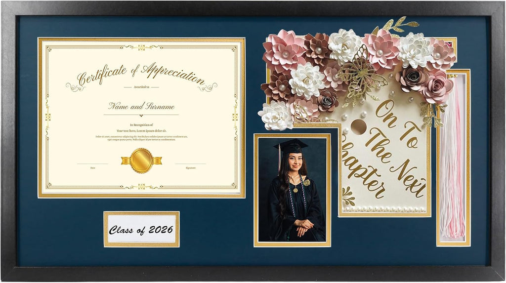 14x26 Black Shadow Box Diploma Frame with Graduation Cap & Tassel Holder for 8.5x11 Diploma and 4x6 Photo with MDF Wood and Plexiglass, Navy Over Gold Mat for Wall, Graduation Keepsakes