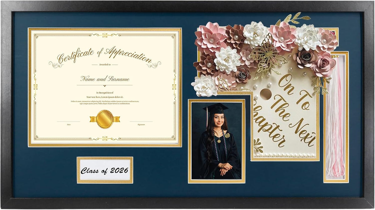 14x26 Black Shadow Box Diploma Frame with Graduation Cap & Tassel Holder for 8.5x11 Diploma and 4x6 Photo with MDF Wood and Plexiglass, Navy Over Gold Mat for Wall, Graduation Keepsakes