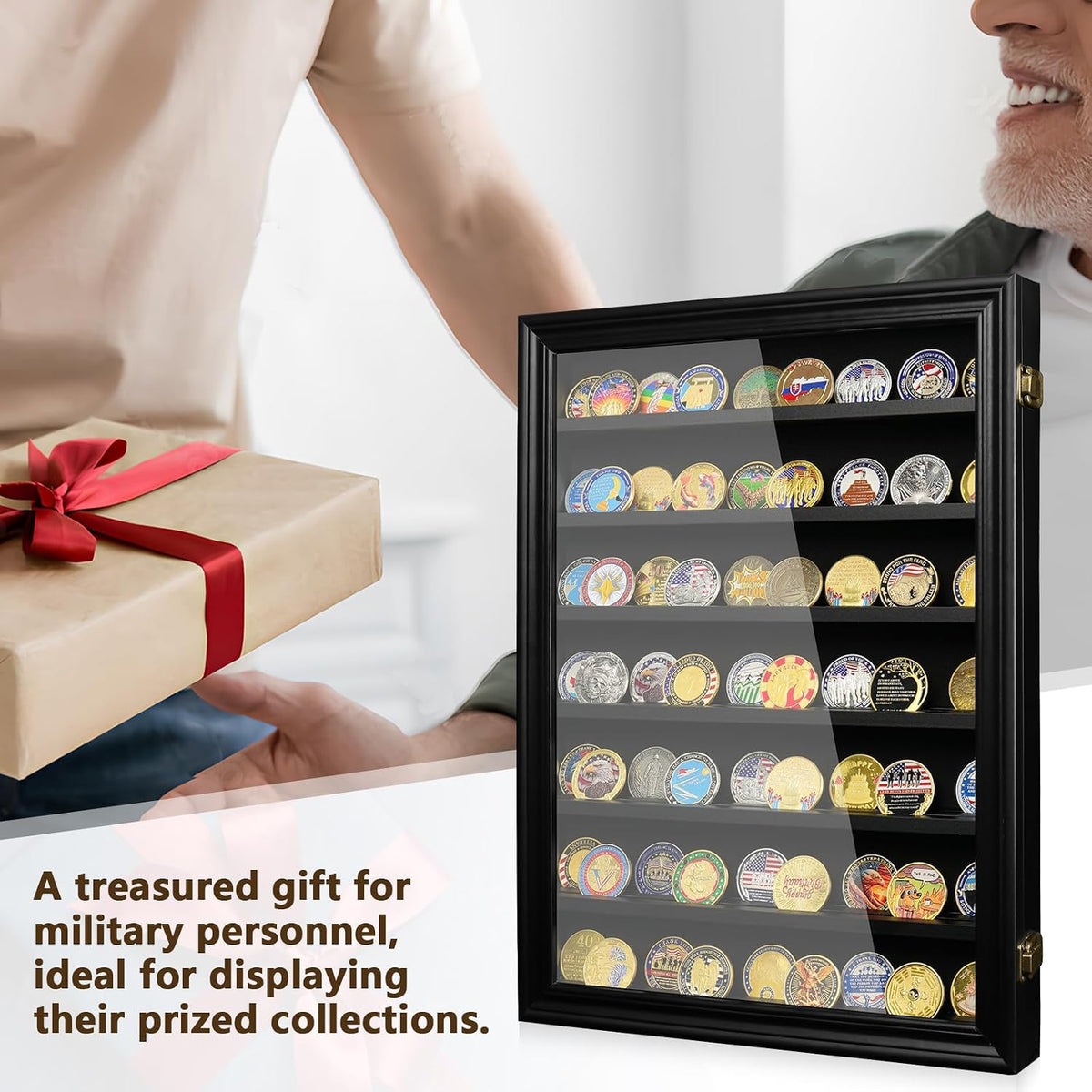 7 Rows Military Challenge Coin Holder Wall Display Case with HD Tempered Glass – Holds 100 Coins, Medal Display Cabinet Rack Shadow Box with Removable 2-Groove Shelves for Casino Poker Chips, Black