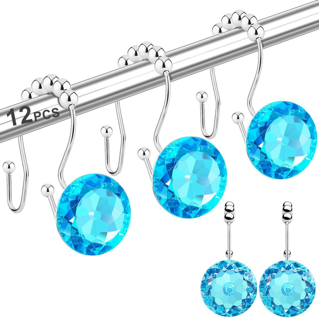Shower Curtain Hooks Rings for Bathroom, 12PCS Double Hooks Glide Anti Rust Crystal Rhinestones Shower Curtain Rings Hangers for Shower Curtains, Clothing, Towels, etc. (Aqua Blue)