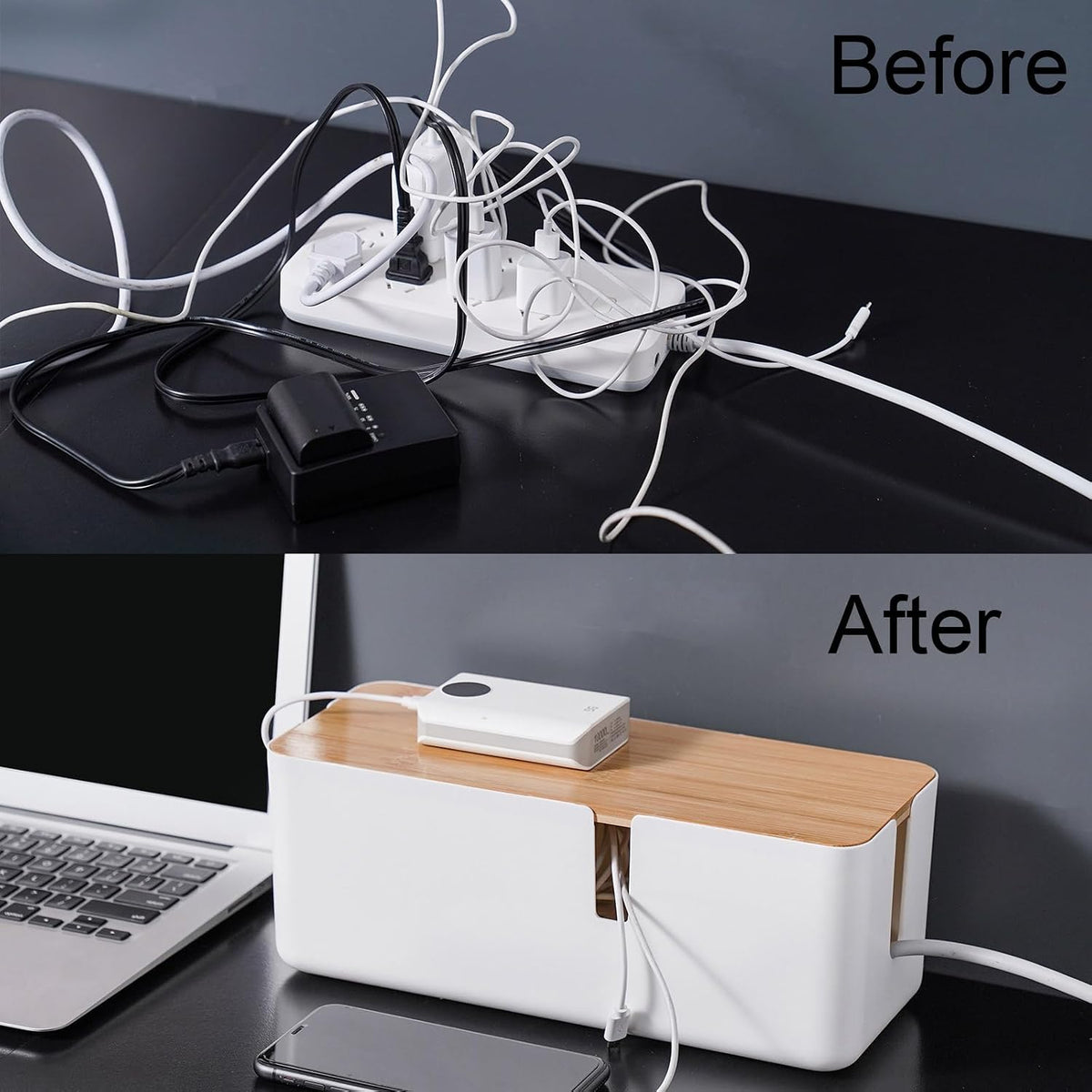 Changsuo Small Cable Management Box with Bamboo Lid for Extension Cord Power Stripe Surge Protector Wire Concealer Organizer Cover Hider (White)