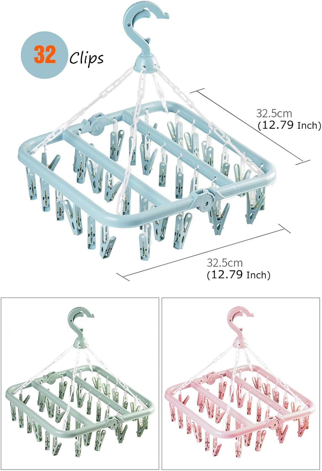 Laundry Hangers with 32 Clips,Clothespin Rack Foldable Laundry Drying Rack Drip Hanger for Drying Socks,Bras,Towel,Underwear,Hat,Scarf,Pants,Baby Clothes,Cloth Diapers,Gloves (Light Blue)