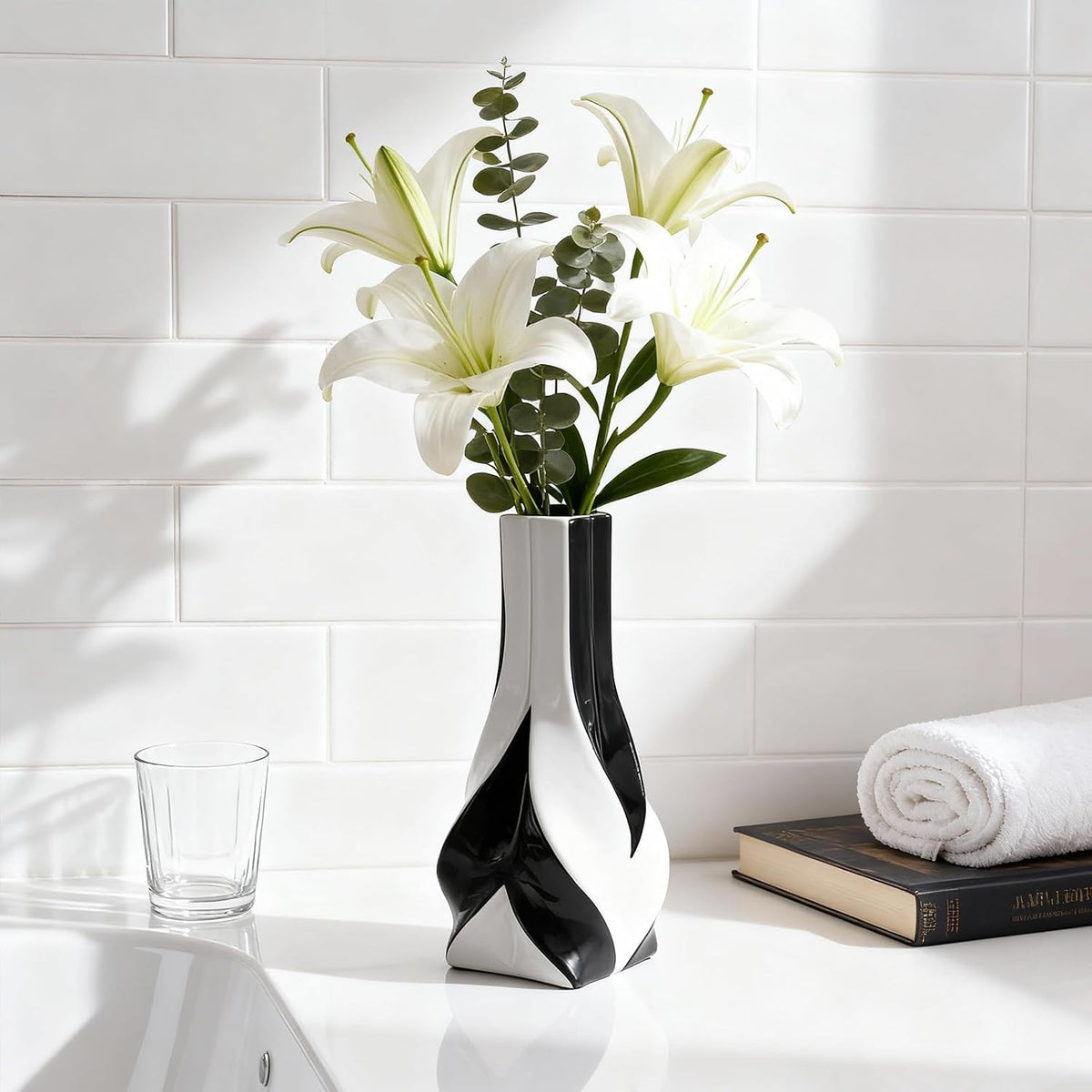 10.6" Tall Black and White Ceramic Vase – Modern Elegant Home Decor for Living Room, Table Centerpiece, Desk, Office, Perfect for Pampas Grass (Black White)