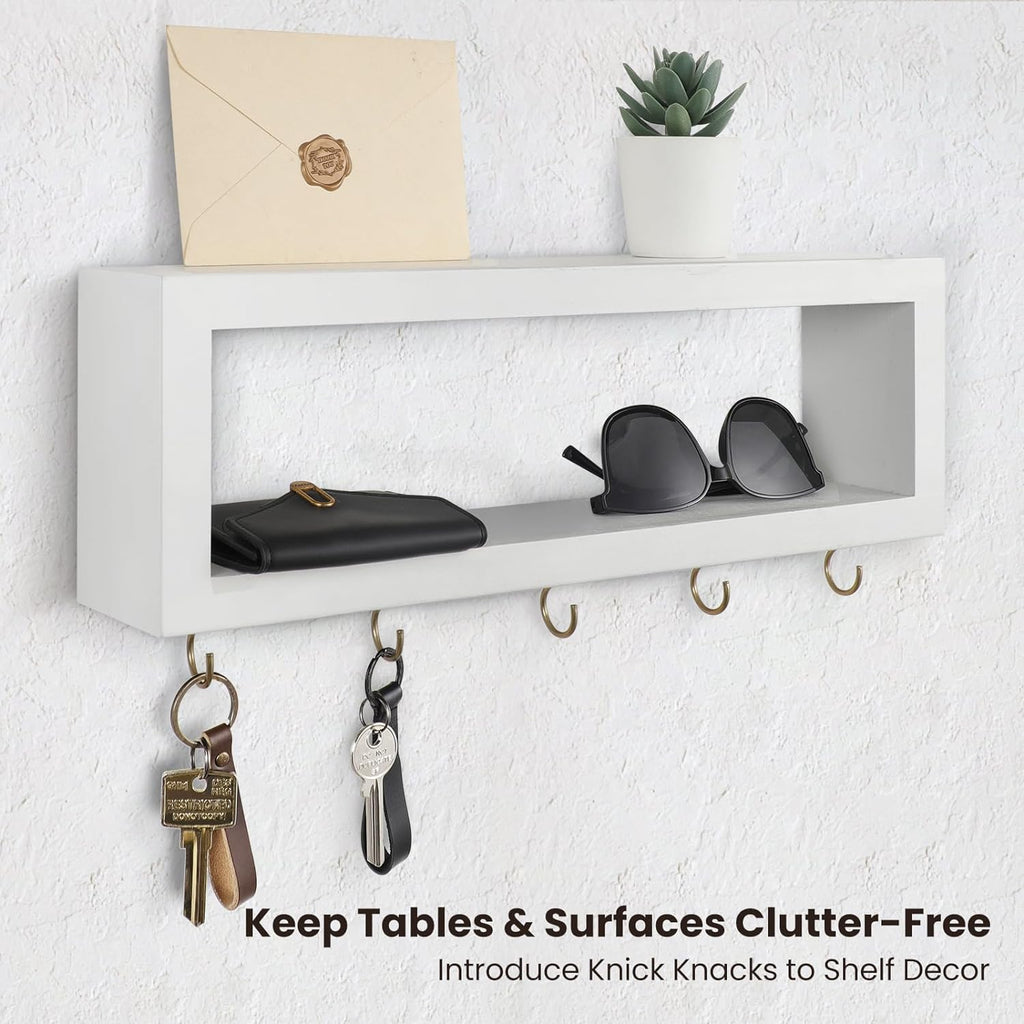 Lwenki Wall Shelf with Hooks - Decorative Key and Wallet Holder for Wall Holds Sunglasses, Leashes, Scarves and Lanyards - 15.7" x 5.1" x 2.9" Entryway Organizer Made of Paulownia Wood (White)