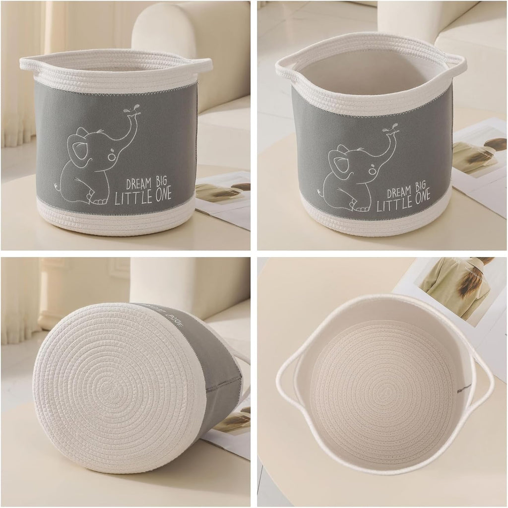 Toy Basket for Baby Laundry Hamper Blanket Baskets Cute Elephant Nursery Hampers Toy Storage Basket, Woven Cotton Rope Nursery Organization Bins For Girls Boys Kids Baby Shower Gifts Baskets