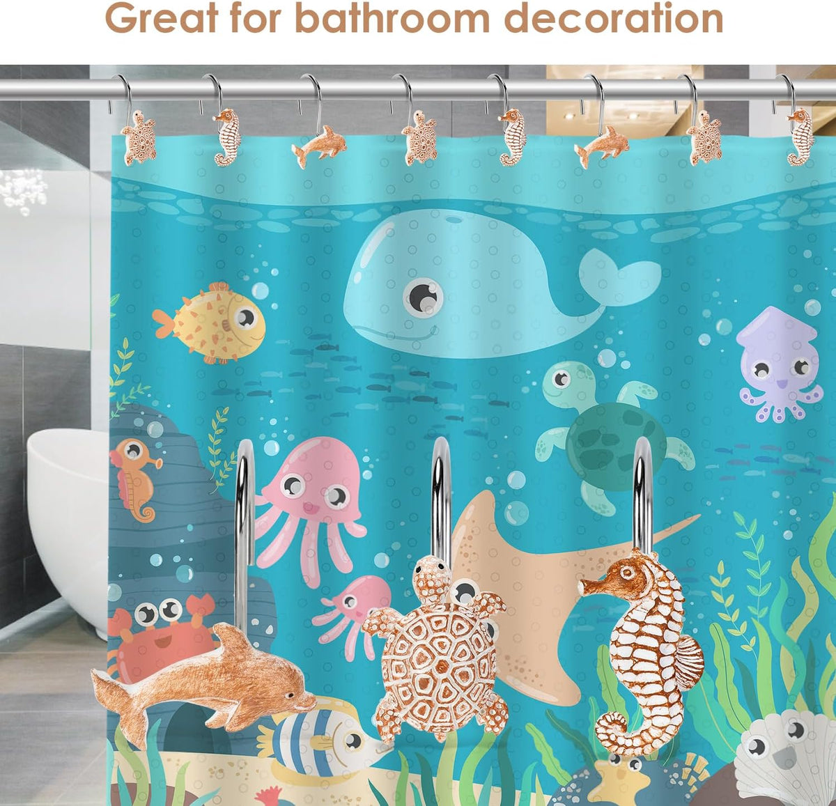 Seashell Shower Curtain Hooks, 12Pcs Decorative Anti-Rust Shower Hooks, Coastal Style Curtain Hooks for Bathroom Nursery Bedroom Living Room Decoration (Turtle Starfish Dolphin)