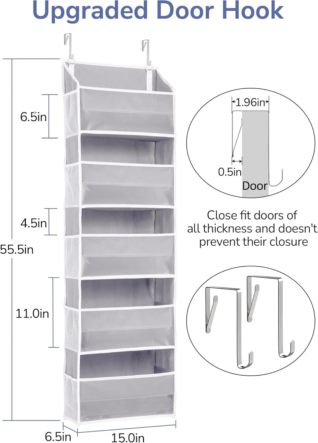ULG 1 Pack Over Door Organizer with 5 Large Pockets 10 Mesh Side Pockets, 44 lbs Weight Capacity Hanging Storage Organizer with Clear Window for Kids Toys, Shoes, Diapers, Grey, 5 Layer