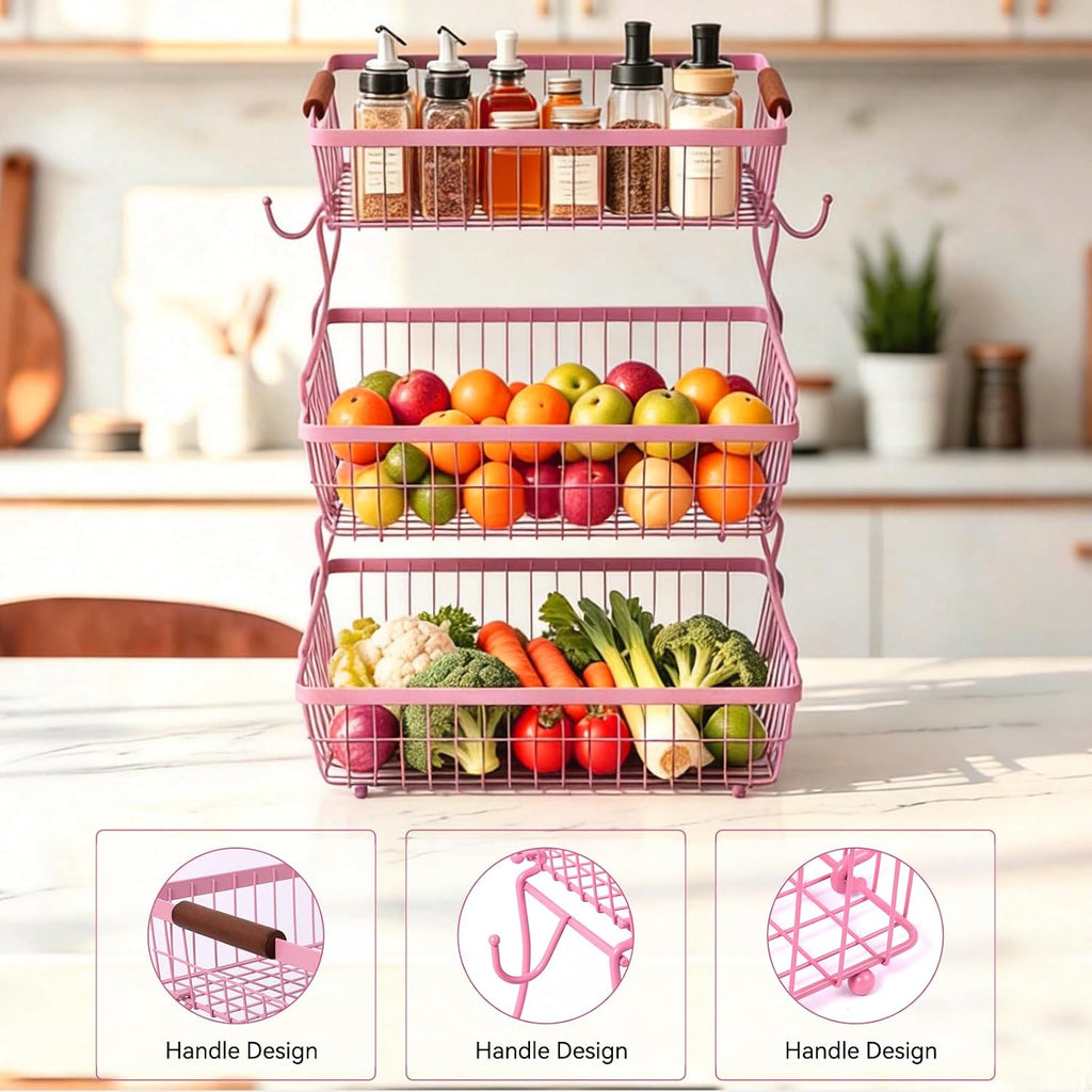 3-Tier Stackable Wire Basket with 2 Banana Hooks, Pantry Organizer for Kitchen Countertops, Cabinets & Under-Sink Spaces; Ideal for Storing Snacks, Fruits, Veggies, Onions, Potatoes, & More,Pink