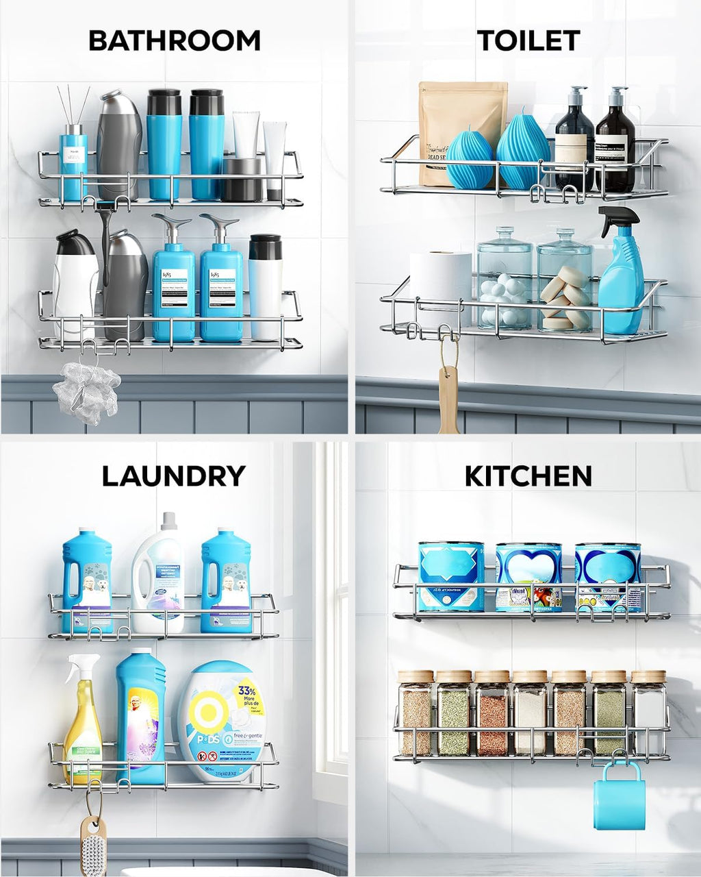Nieifi Shower Caddy Shelf with Hooks Storage Rack Organizer Adhesive Stainless Steel without Drilling for Bathroom, Lavatory, Washroom, Restroom, Shower, Toilet, Kitchen (Sliver, 3 Pack)