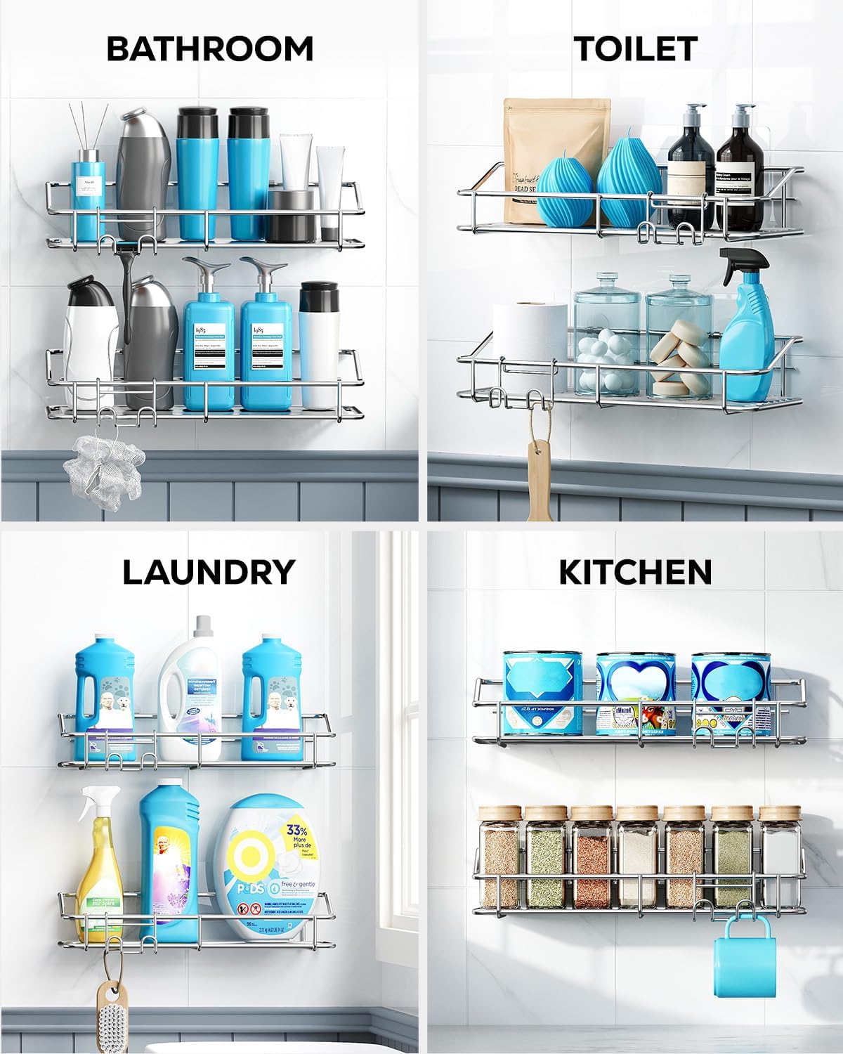 Nieifi Shower Caddy Shelf with Hooks Storage Rack Organizer Adhesive Stainless Steel without Drilling for Bathroom, Lavatory, Washroom, Restroom, Shower, Toilet, Kitchen (Sliver, 3 Pack)