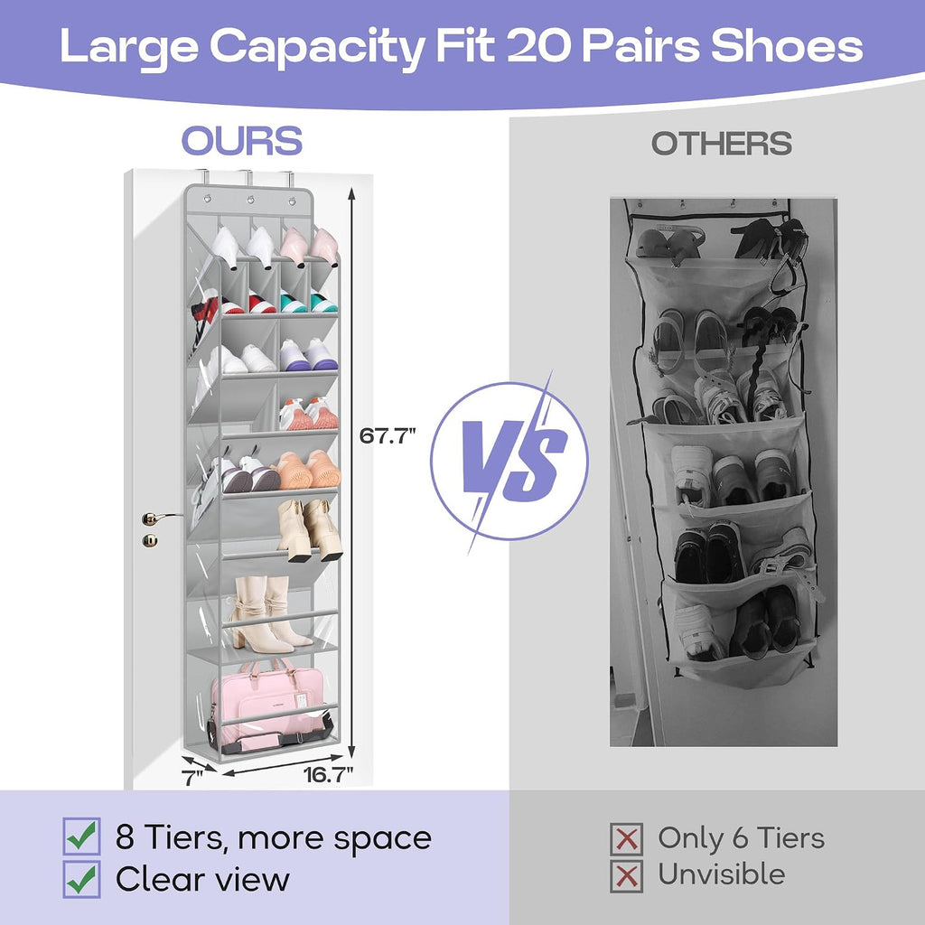 MISSLO Clear Over the Door Shoe Organizer Large Deep Pockets Hanging Shoe Rack for Closet Fit 20 Pairs Shoe Holder for Sneakers Boots Storage，Grey