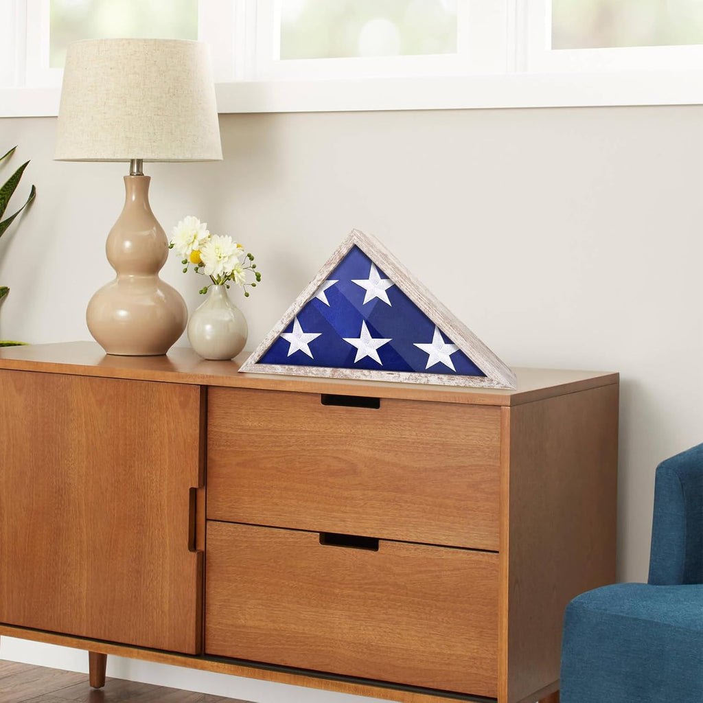 ASmileIndeep Flag Display Case for 3' x 5' Flag, American Flag Shadow Box with HD Tempered Glass and Wall Mount, Folded Triangle Flag Holder Frame for Small Flag (Not for Burial Flag) - Vintage White