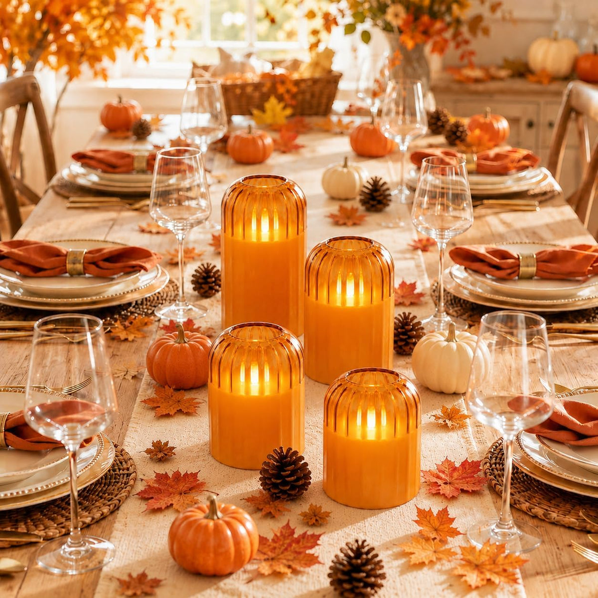 Fall Decorations for Home, Orange Glass Flameless Candles with Remote & Timer, Set of 4 Real Wax LED Pillar Candles with Dancing Flickering Flame, 3" x 4"/5", Halloween Thanksgiving Christmas Decor