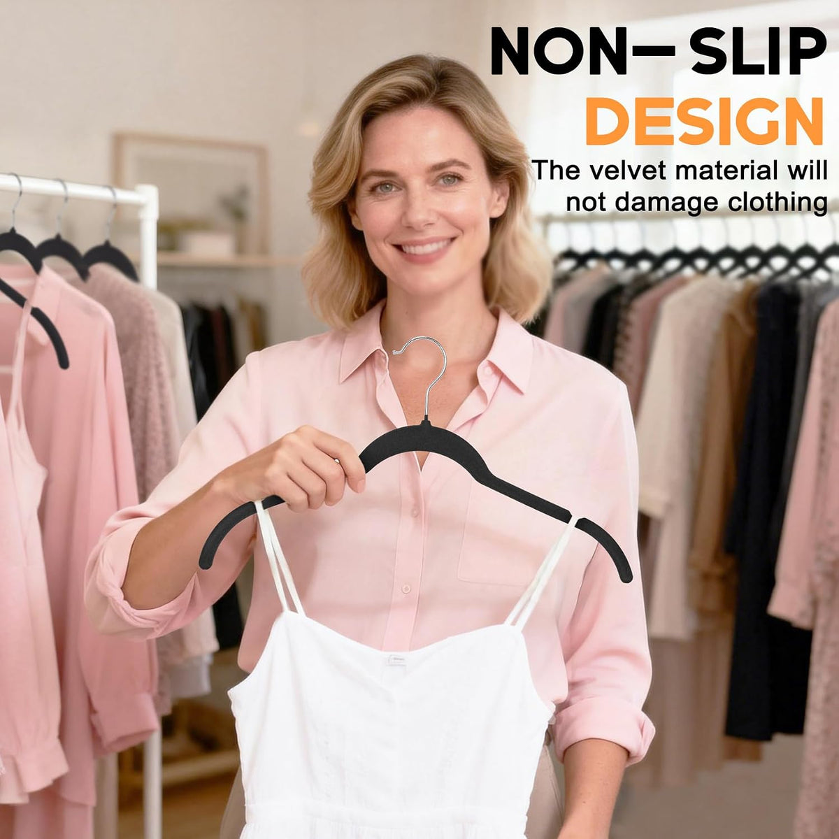 50 Pack Black Velvet Hangers Shirts, Non-Slip Felt Clothes Hangers 360°Swivel, Holds up to 10 lbs Slim Flocked Space Saving Coat Hangers for Pants Tank Top Dresses Closet Organizers, Black