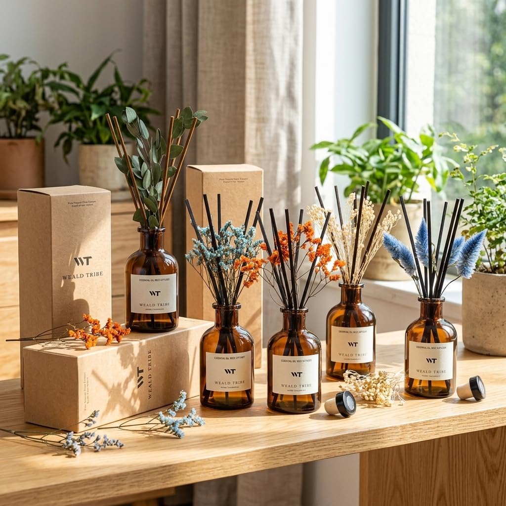 WEALD TRIBE Reed Diffuser Set for Bathroom Air Fresheners, Oil Diffuser Sticks | White Jasmine Scent 4.0 fl oz Home Fragrance with Sticks Defusers | House Bedroom Office Shelf Decor