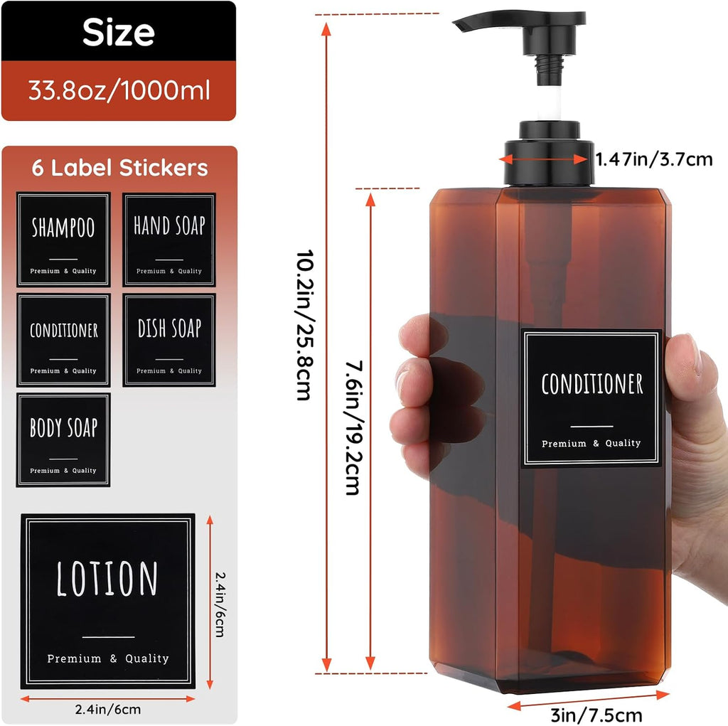 Segbeauty 33.8oz Amber Soap Dispenser Bathroom, 3pcs Plastic Soap Dispenser with Labels, Pump Bottles for Shampoo and Conditioner, 1000ml Large Square Lotion Pump Bottle Refillable Body Wash Container