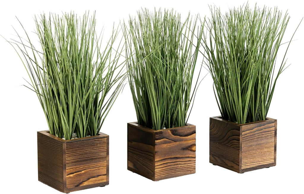 MyGift Artificial Green Grass Plants Trio in Rustic Burnt Solid Wood Planter Boxes, Faux Greenery in Decorative 4 Inch Square Wooden Containers, Set of 3