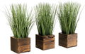 MyGift Artificial Green Grass Plants Trio in Rustic Burnt Solid Wood Planter Boxes, Faux Greenery in Decorative 4 Inch Square Wooden Containers, Set of 3