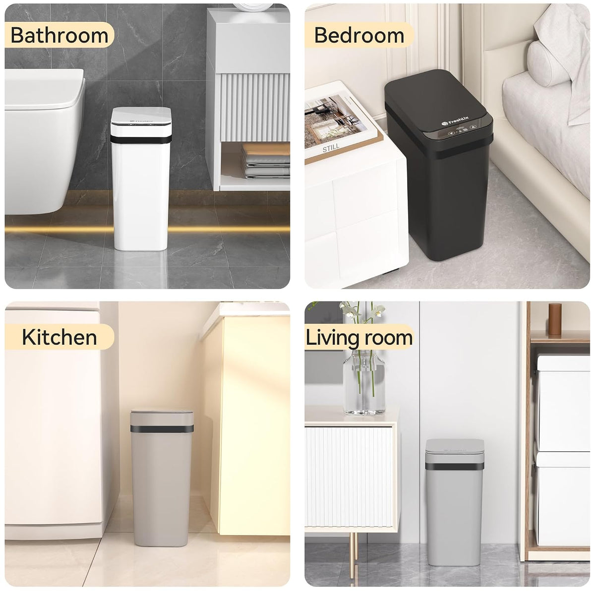 FRESHLIX 3 Pack Bathroom Trash Can 2.5 Gallon Small Touchless Automatic Motion Sensor Trash Cans Slim Waterproof Garbage Bin with Lid for Kitchen, Office, Bedroom Black White Grey
