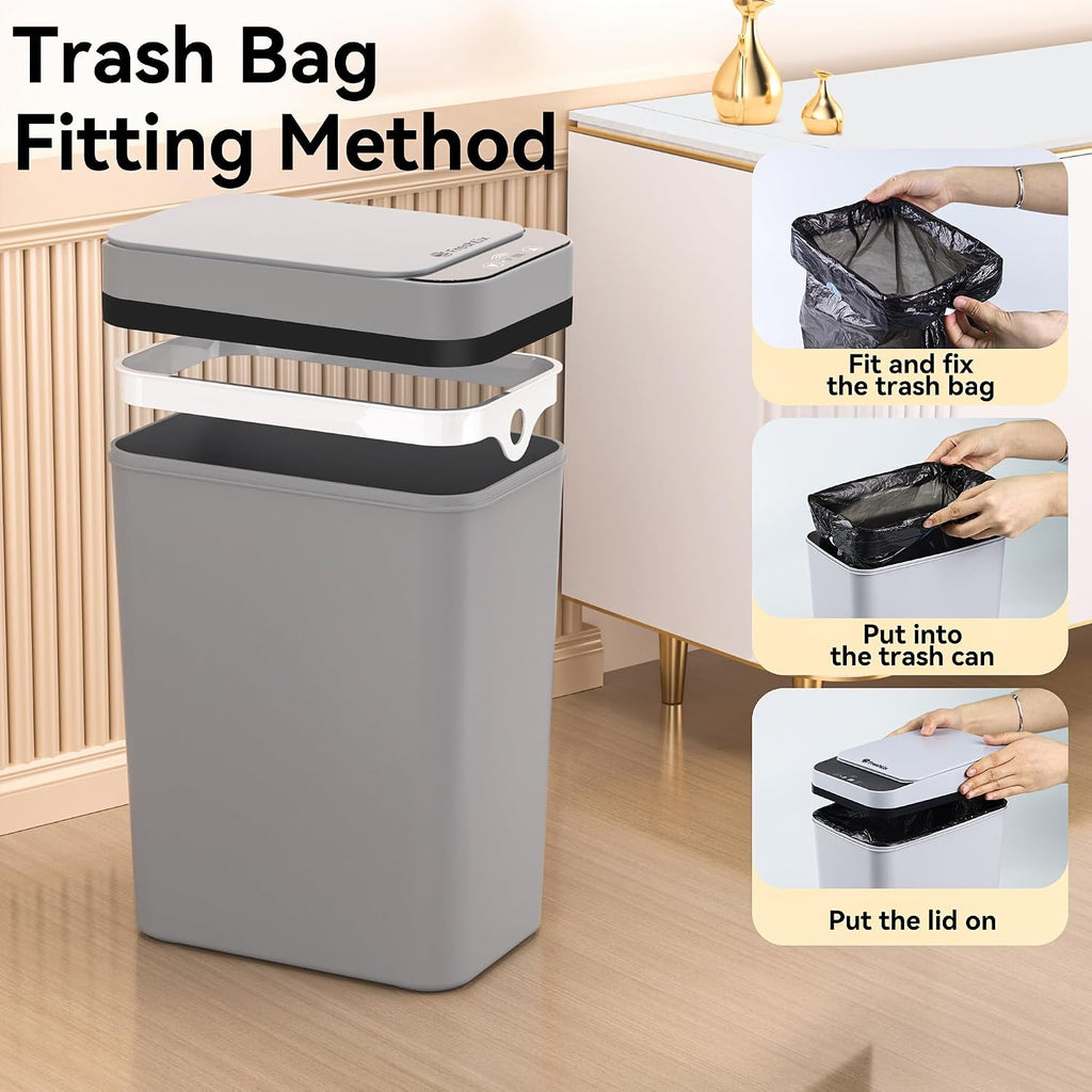 FRESHLIX 3 Pack Bathroom Trash Can 2.5 Gallon Small Touchless Automatic Motion Sensor Trash Cans Slim Waterproof Garbage Bin with Lid for Kitchen, Office, Bedroom Black White Grey