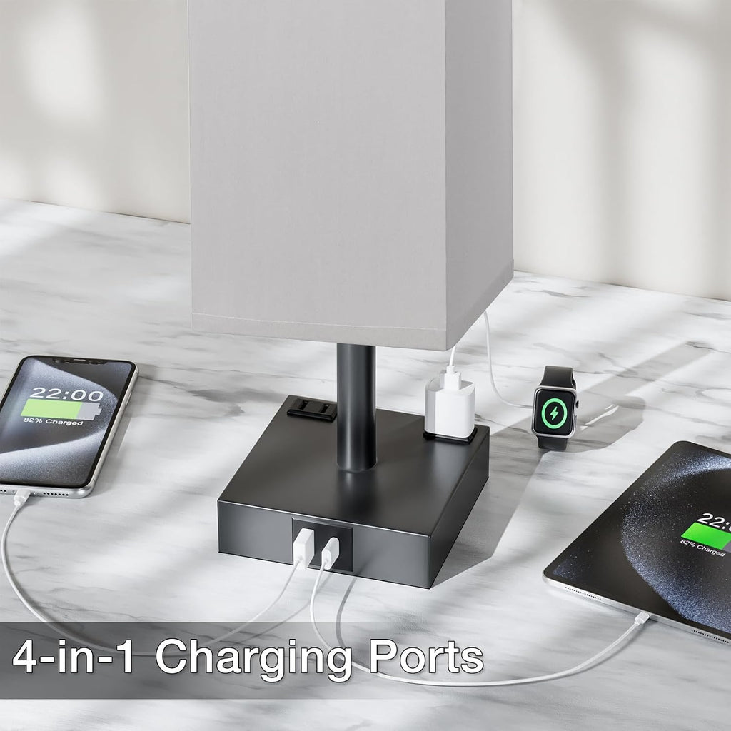 Grey Touch Table Lamp for Bedroom - Dimmable, USB C+A, 2 AC Outlets