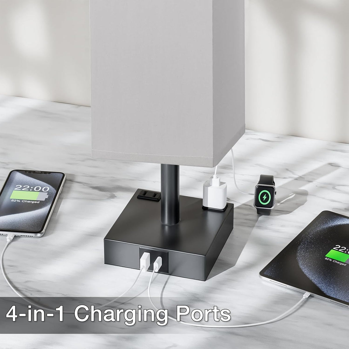 Grey Touch Table Lamp for Bedroom - Dimmable, USB C+A, 2 AC Outlets