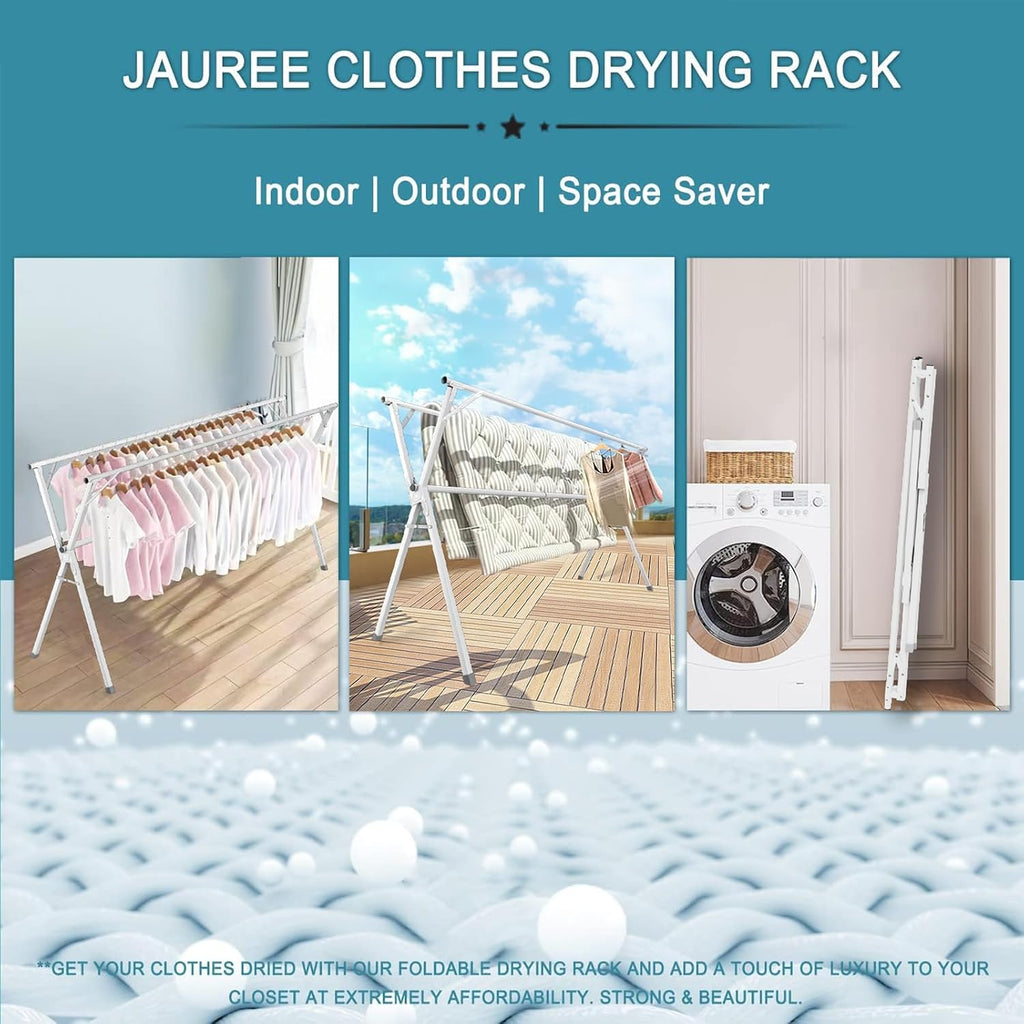 JAUREE 95 Inches Clothes Drying Rack, Drying Rack Clothing Folding Indoor Outdoor, Heavy Duty Stainless Steel Laundry Drying Rack, Foldable Portable Clothes Rack Garment Rack with 20 Hooks White