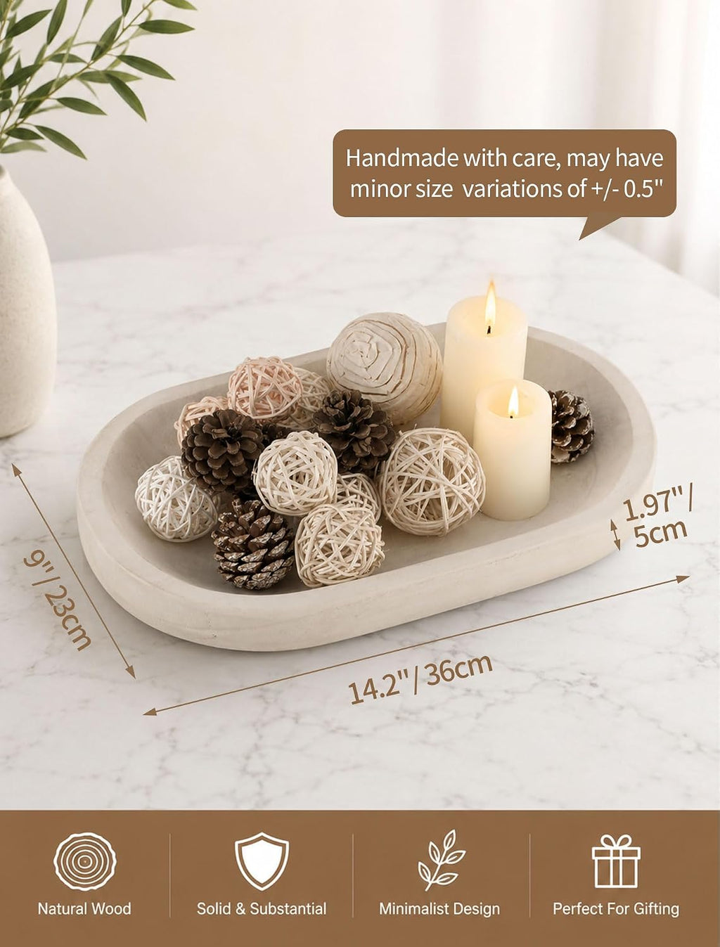 Hanobe Wooden Decorative Key Bowl for Coffee Table Decor, Rustic White