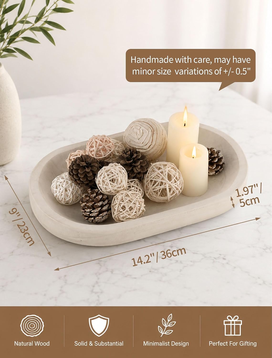 Hanobe Wooden Decorative Key Bowl for Coffee Table Decor, Rustic White