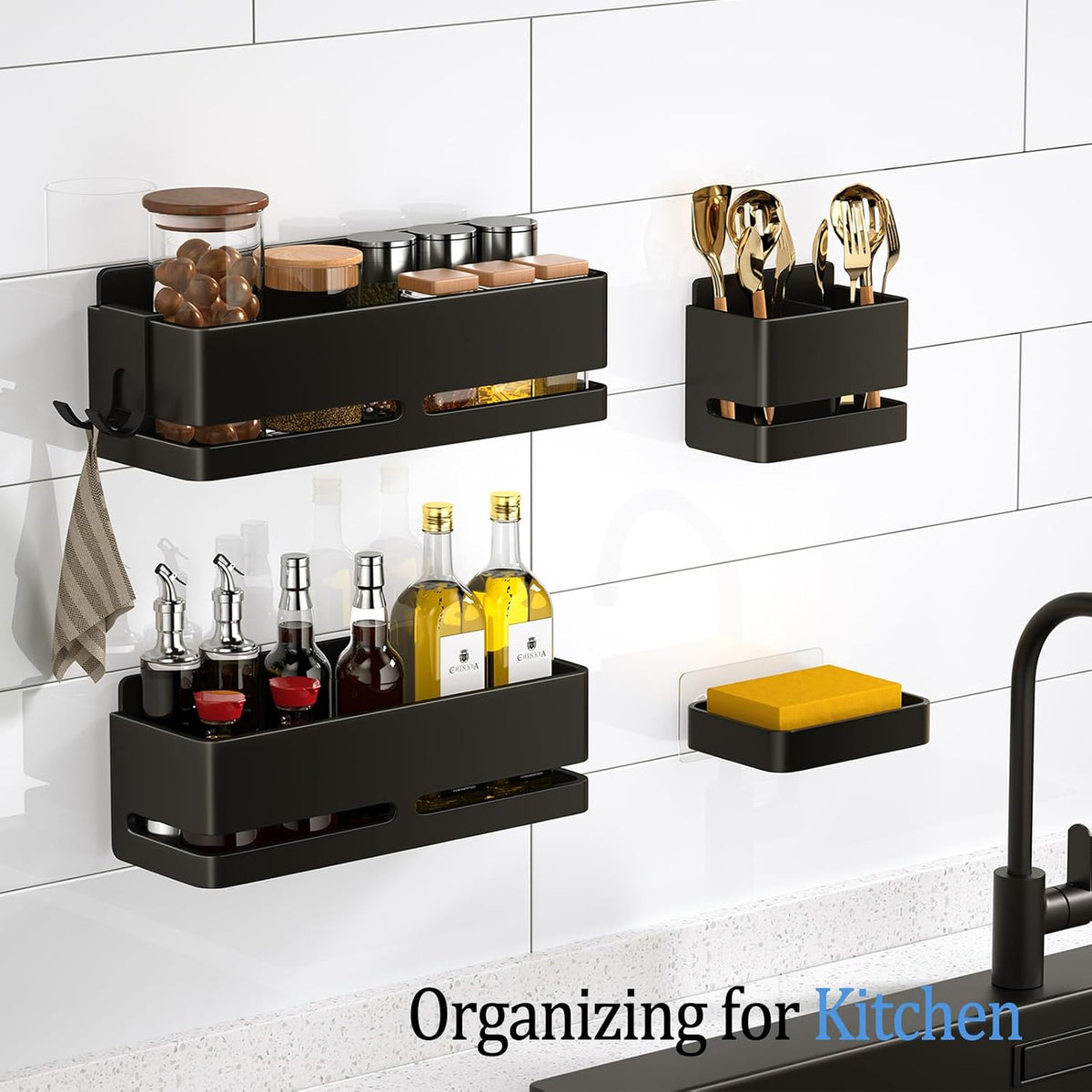 Bathroom Shower Caddy,No Drill Shower Shelves(5-piece Set-Black)