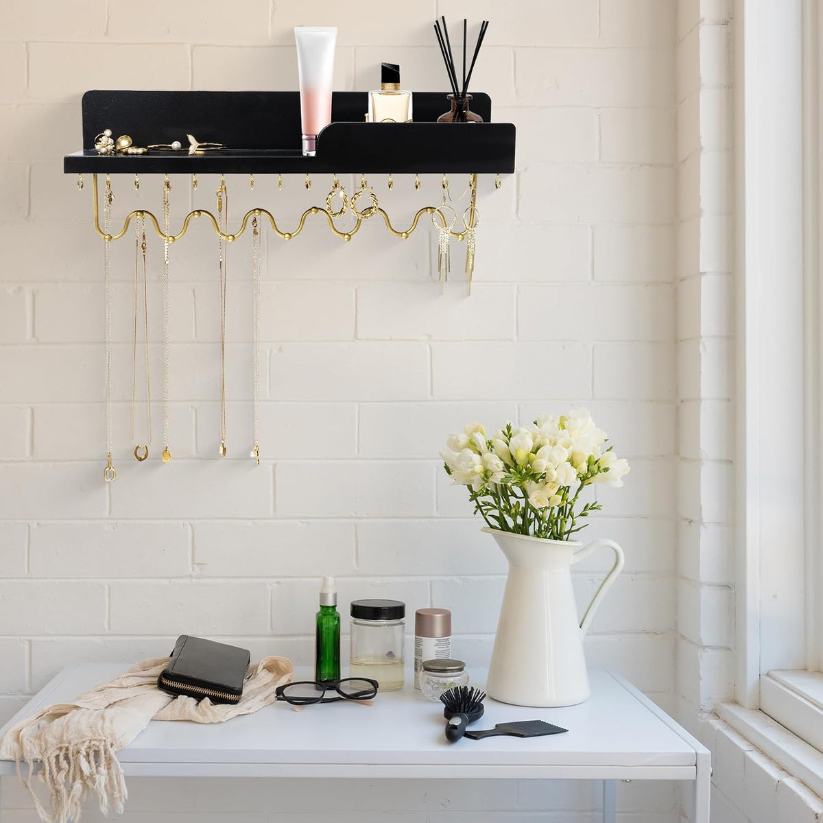 Hanging Jewelry Organizer with 29 Hooks and Cosmetics Shelf, Modern Wood Wall Mounted Jewelry Holder for Necklaces, Bracelets, Earrings and Rings, Black
