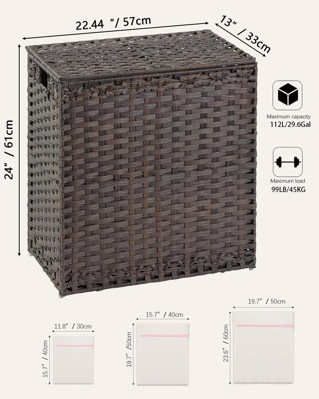 SETVSON Laundry Hamper with Lid Wicker Laundry Basket 112L PE, Brown