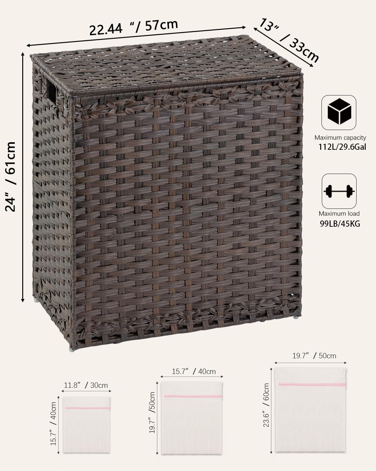 SETVSON Laundry Hamper with Lid Wicker Laundry Basket 112L PE, Brown