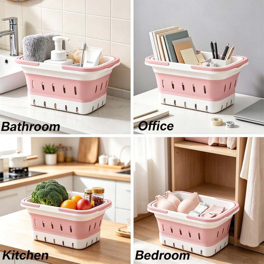 2 Pack Portable Shower Caddy Tote, Collapsible Plastic Storage Basket with Handles, Foldable Multifunctional Organizer for Bathroom, Kitchen, College Dorm, Gym, Travel and Camping, Pink