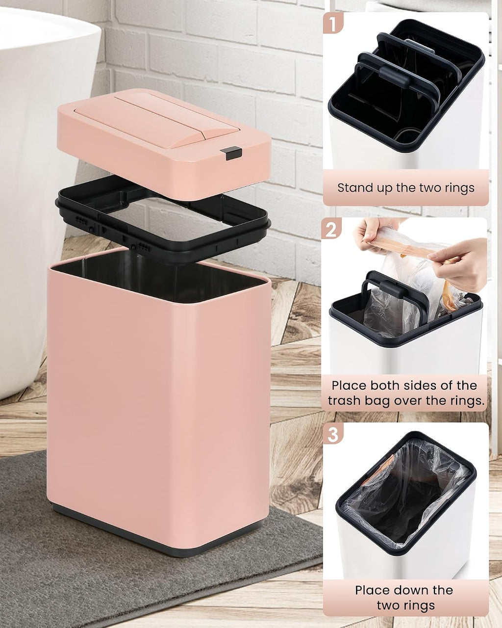 ELPHECO Slim Bathroom Trash Can with Lid 2.6 Gallon Smart Trash Can Pink