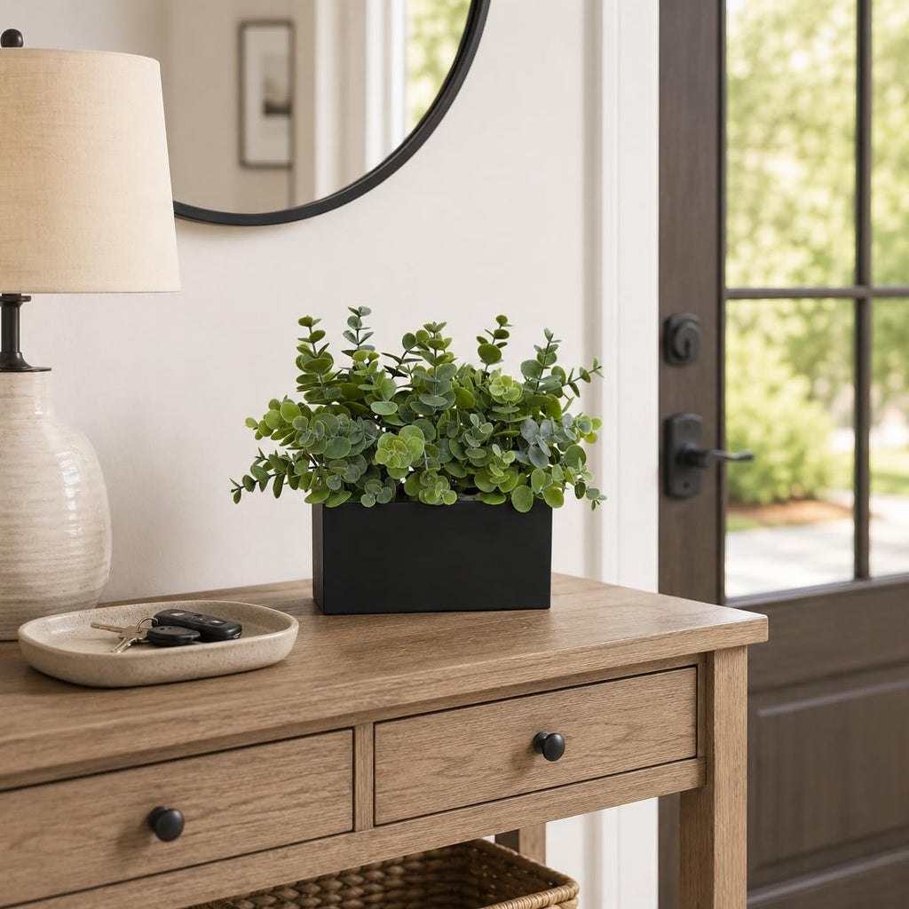 365 Blooming Decor Fake Eucalyptus Plants in Black Planter Box - Luxury Potted Artificial Eucalyptus Greenery with Real Pebbles for Farmhouse Bathroom, Shelf, Windowsill Décor//No Assembly Required//