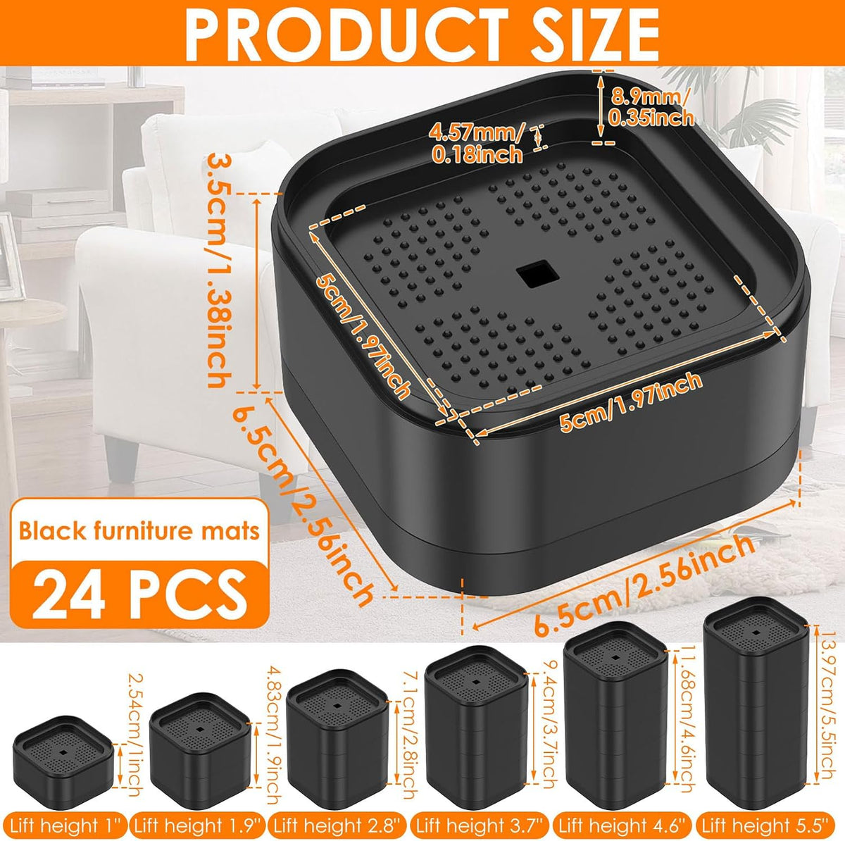 24 Pack Furniture Risers Adjustable Bed Risers Heavy Duty Lifts Height 1", Square Stackable Bed 1, 2 or 3 Inch for Desk Leg Table Couch Sofa Chair Frame Legs Dorm, Black