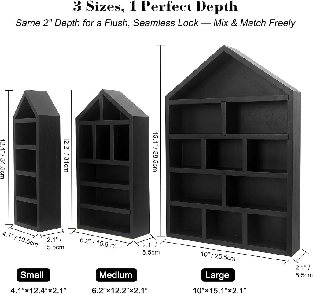House Shaped Shadow Box with Removeable Shelves,Black,4x12