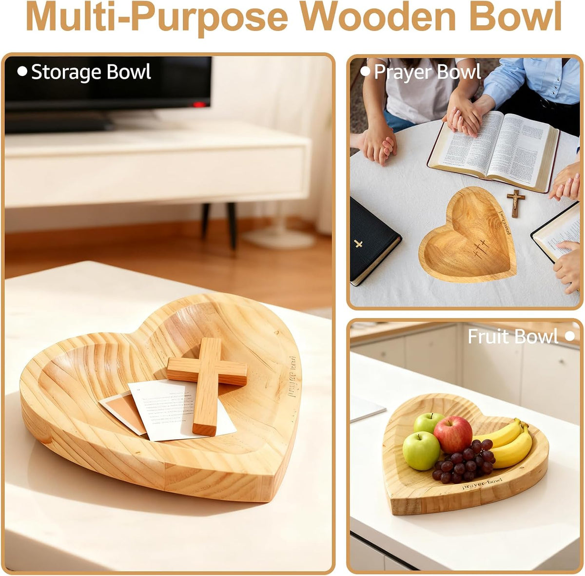 Prayer Bowl with 24 Blessing Cards, Heart Prayer Bowl Wooden