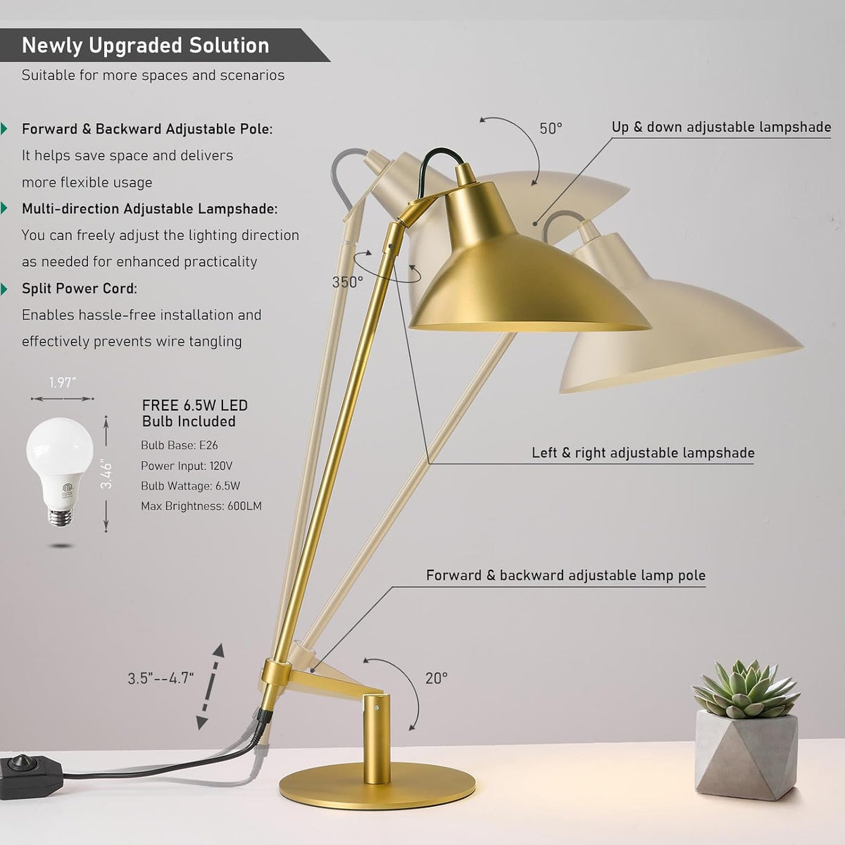 Desk Lamp Modern Industrial 100% Metal Adjustable Table Lamp 24", Natural Light (4000K) with Dimmer, Ideal for Office Bedroom Study Room Living Room Nightstand Bedside Lamps Brass