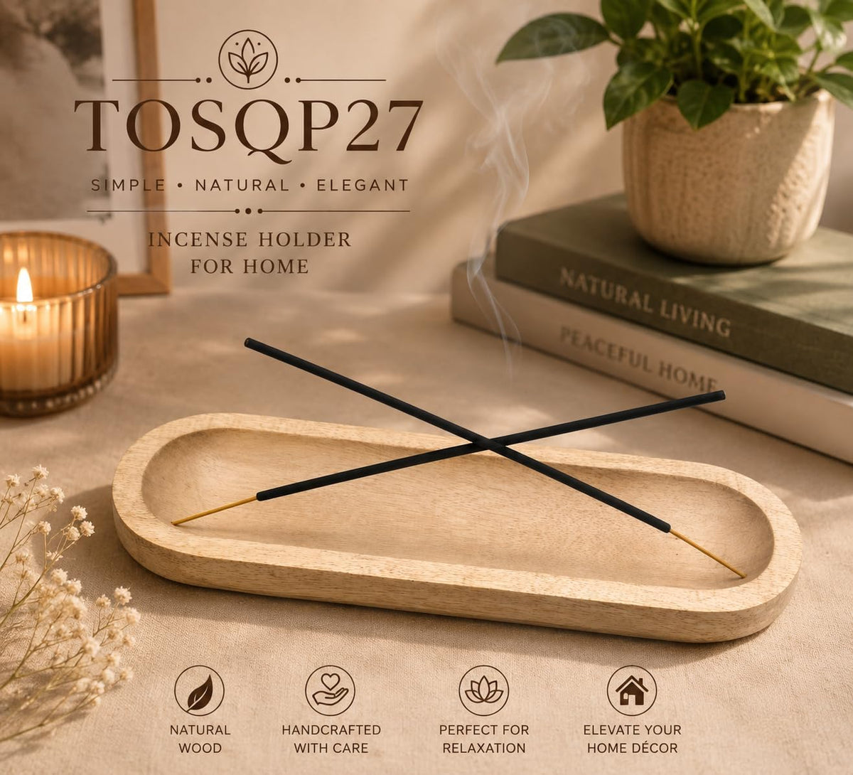 TOSQP27 Handmade Wooden Incense Holder Stick Burner – Decorative Ash Catcher Tray for Meditation, Yoga & Aromatherapy – Gift Agarbatti Holder for Home Decor, Office, Zen Room & Spiritual Gifts