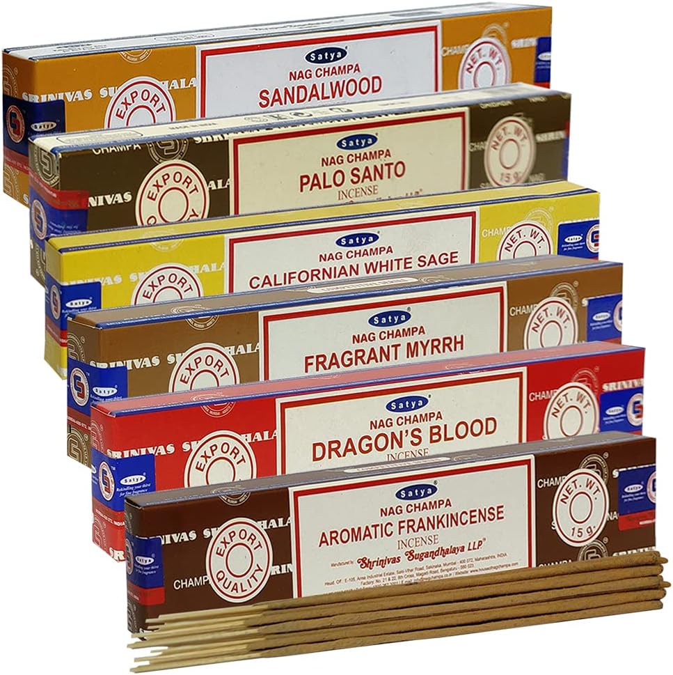 Satya Incense Sticks Variety Pack #10 and Holder Bundle with 6 Classic Fragrances Sandalwood Dragon's Blood Palo Santo White Sage