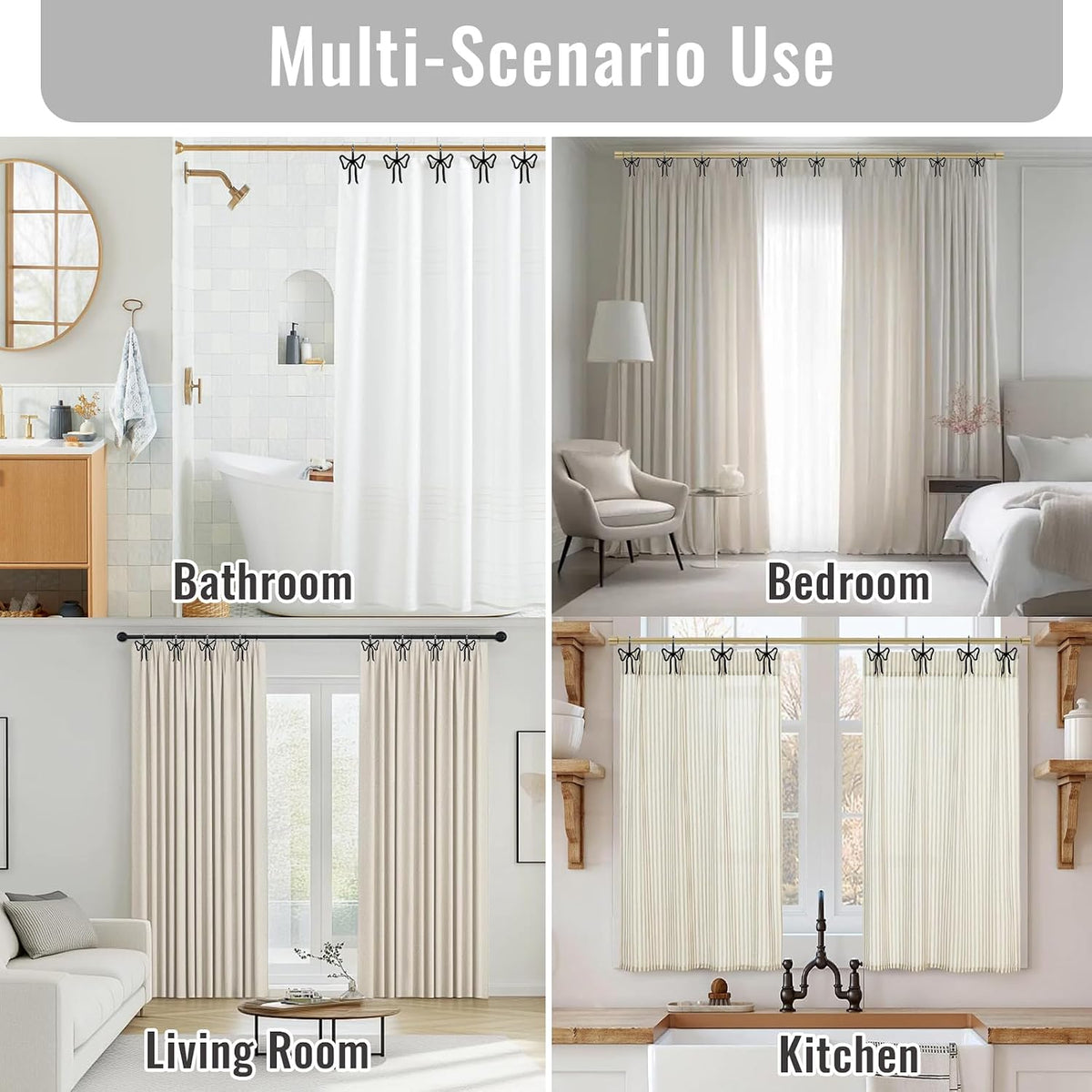 Bow Decorative Shower Curtain Hooks, Bowknot Shower Curtain Rings, Modern Bow Shower Curtain Hangers, 12PCS Shower Hooks for Shower Curtain, Home Decor, Bathroom, Bedroom, Living Room (Big-Black)