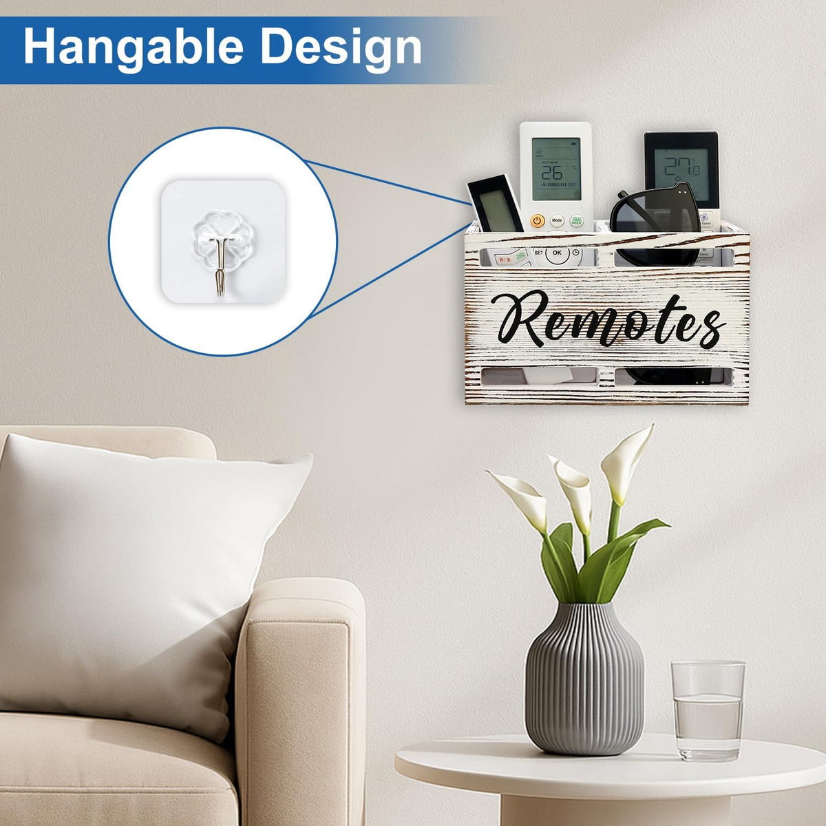 Wooden TV Remote Control Holder Wall Mount Remote Caddy Organizer for Table