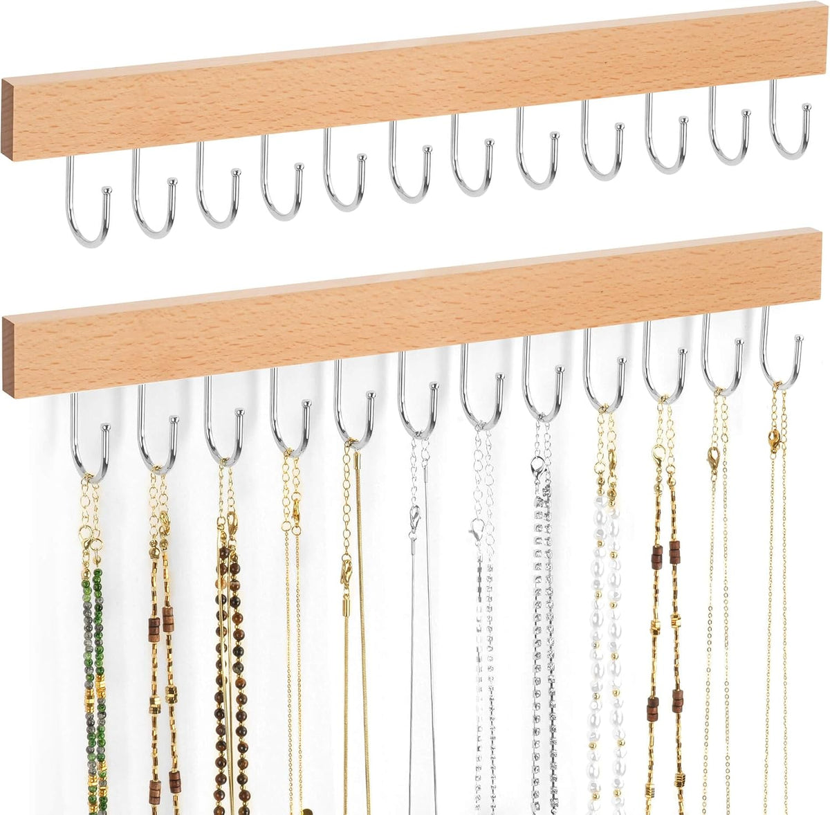 ZEDODIER 2 Pack Necklace Organizer Wall Mount, Wooden Jewelry Hanger Necklace Holder with 24 Hooks,Hanging Jewelry Organizer, Natural