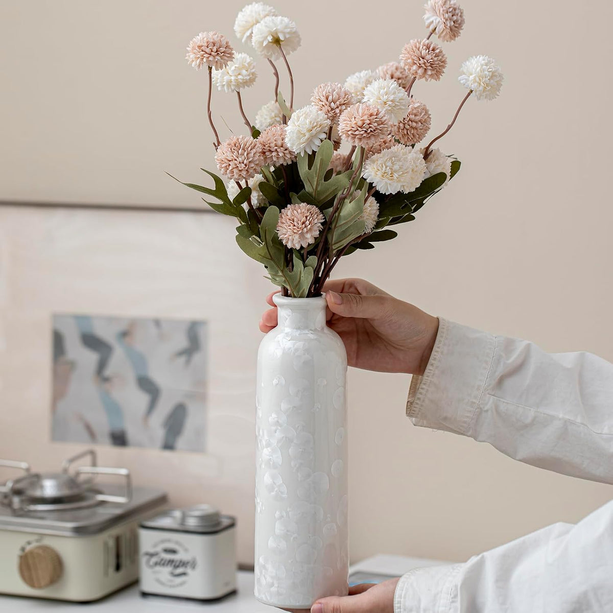 Modern Ceramic Vase Set of 3, White Crystalline Glaze Colors, Decorative Bottles for Home, Farmhouse Rustic Decor Housewarming Gifts, Wedding Gifts, Birthday Gifts for Women(Crystalline Glaze White)
