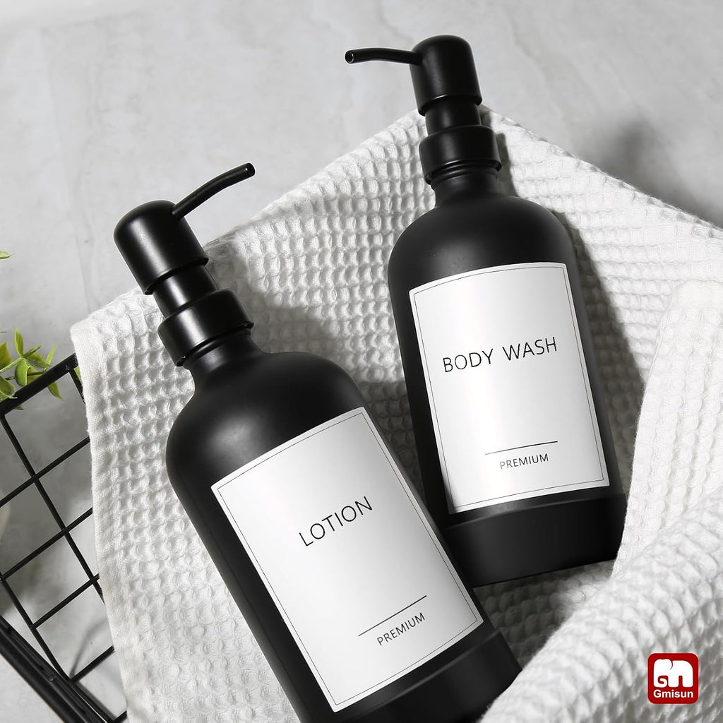 GMISUN Black Soap Dispenser with Silicone Sleeve Boot, 2 Pack Glass Bathroom Hand Soap Dispensers with Stainless Steel Pump, 17 Fl Oz Kitchen Hand and Dish Soap Dispenser Set, Liquid Dispensers Bottle