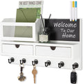 Key Holder for Wall, Key and Mail Holder for Wall with Storage Drawer, Entryway Rustic Home Decor, 3 Liquid Chalks & Chalkboard, 15.98”W x 9.1”H x 3.3”D, White