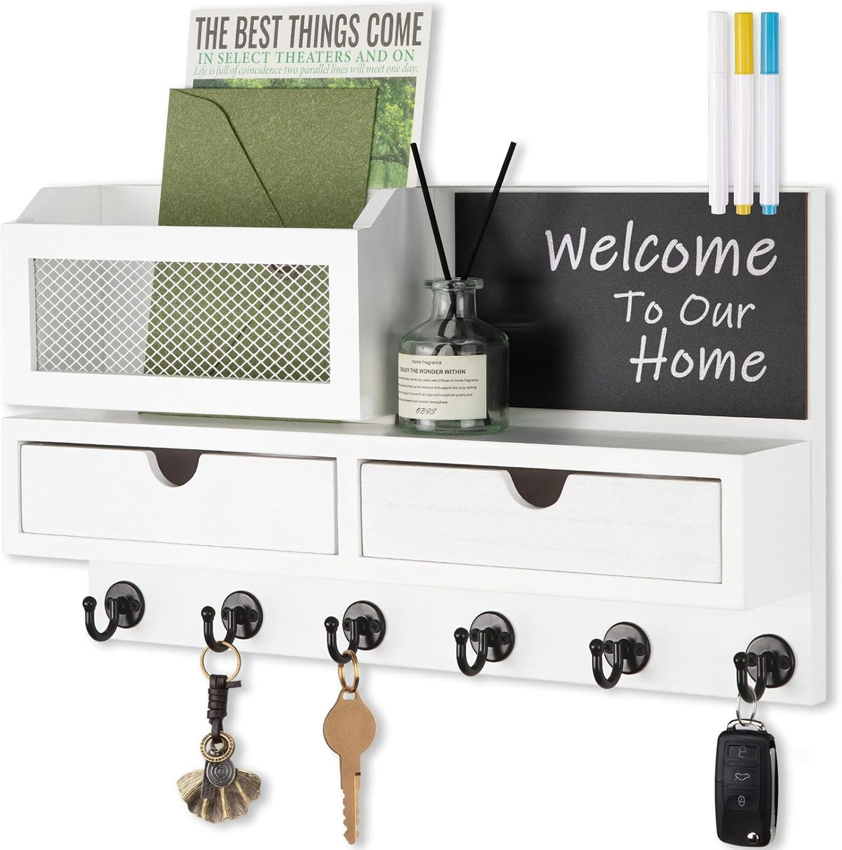 Key Holder for Wall, Key and Mail Holder for Wall with Storage Drawer, Entryway Rustic Home Decor, 3 Liquid Chalks & Chalkboard, 15.98”W x 9.1”H x 3.3”D, White